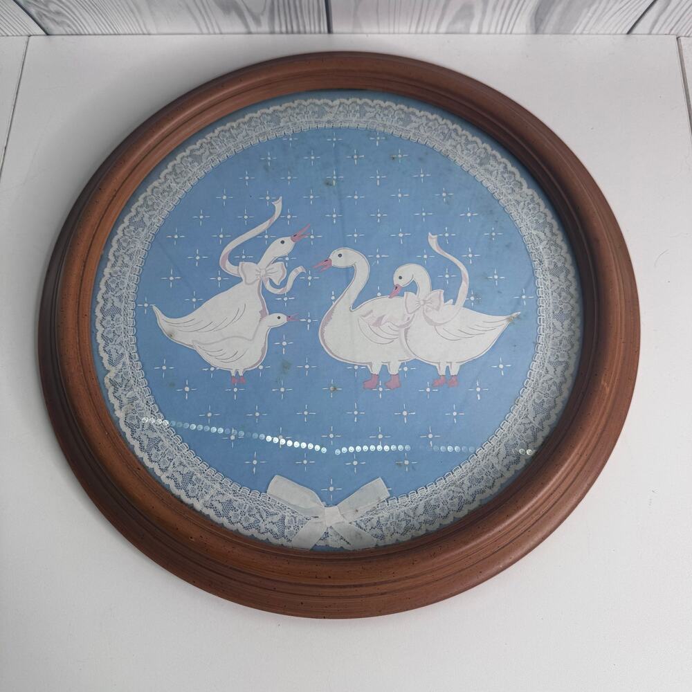 Vintage HOMCO Country Goose Blue Ribbon Geese 12" Round Picture Granny Core 80s